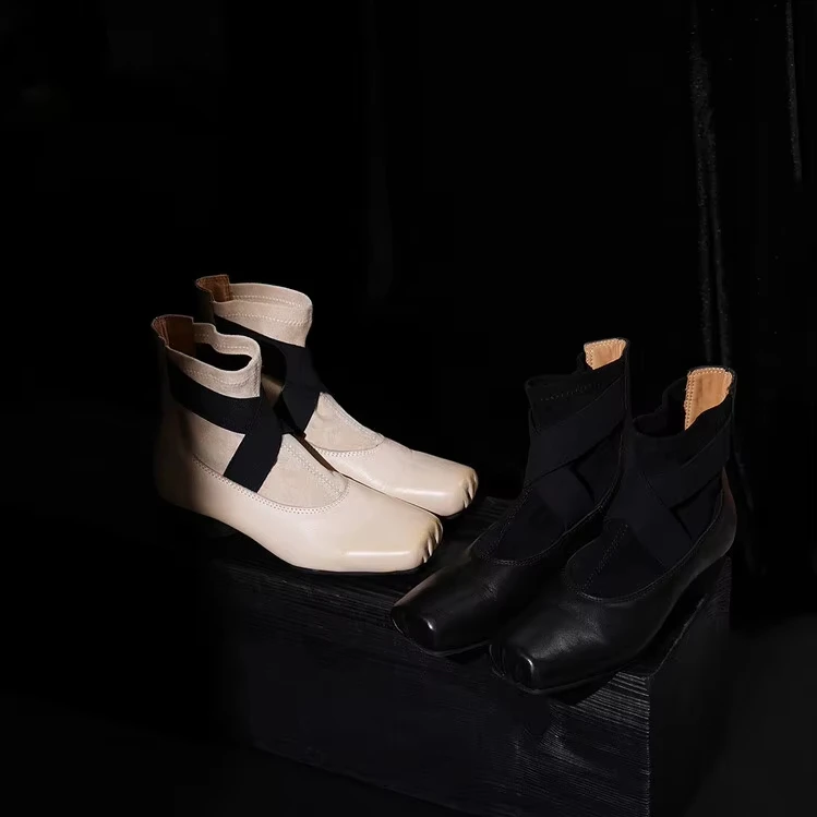 XINZI RAIN Logo Custom Leather Winter Boots Square Toe Ballerina High Quality Calfskin 3cm Heel Women Ballet Boots For Ladies