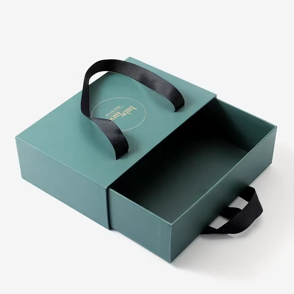 Eco Friendly Custom Logo Printed Hard Rigid Recycle Style Cardboard Paper Packaging Drawer Sliding Gift Box With Ribbon Handle