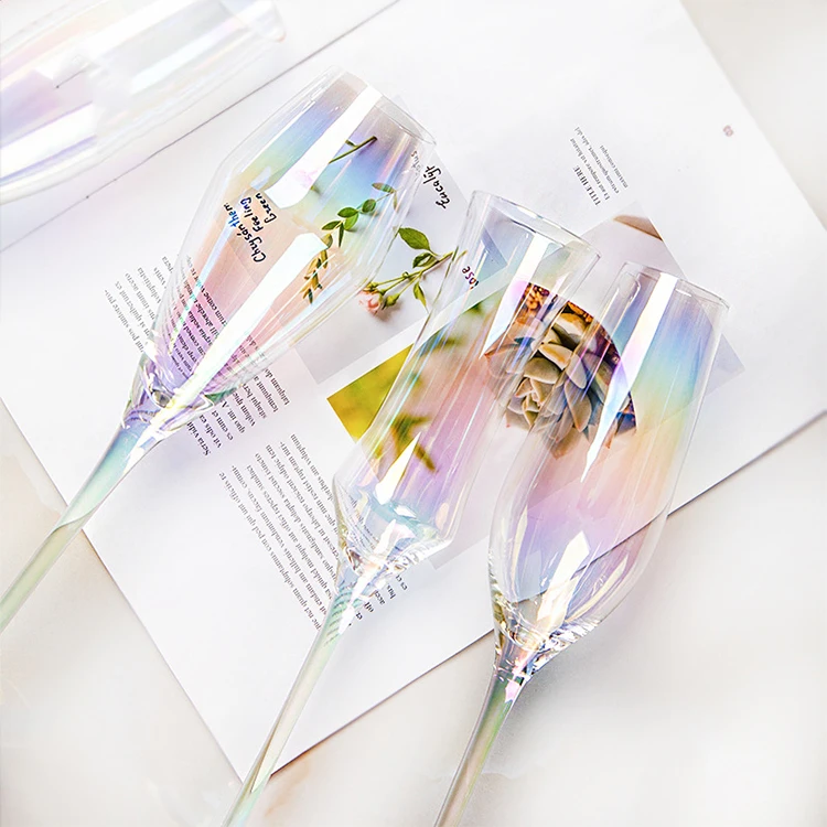 OEM Hot Sale Lead Free Crystal Rainbow Color Champagne Glasses Gift Set White Champagne Glasses