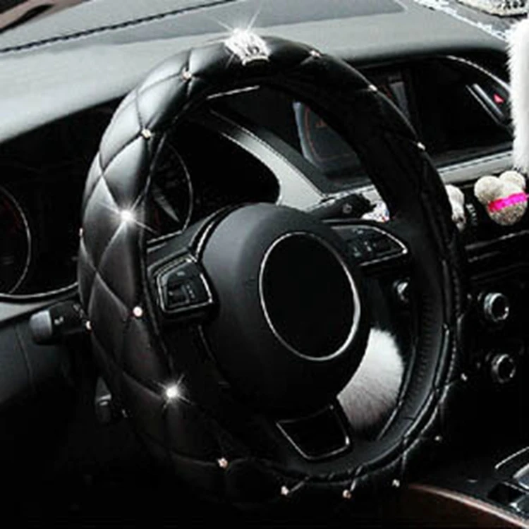 Luxury Rhinestones Embellished Steering Wheel Cover Universal Wear-resistant Leather Car Steering Wheel Cover