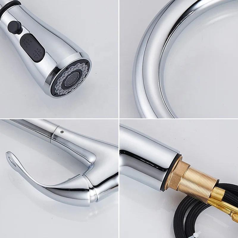 Wuhuang  modern Style Pull Out kitchen taps High Arc Spout Deck Mount Stainless Steel Kitchen Faucets with Sprayer