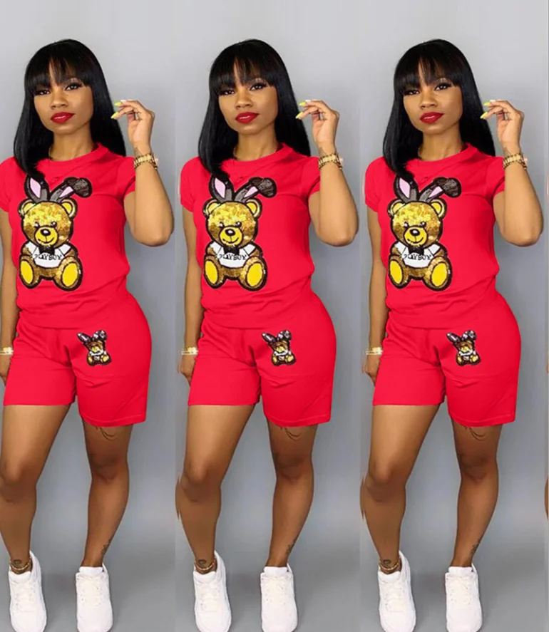 
Online selling fashion sequined cartoon short sleeve shorts fashion women causal suit 