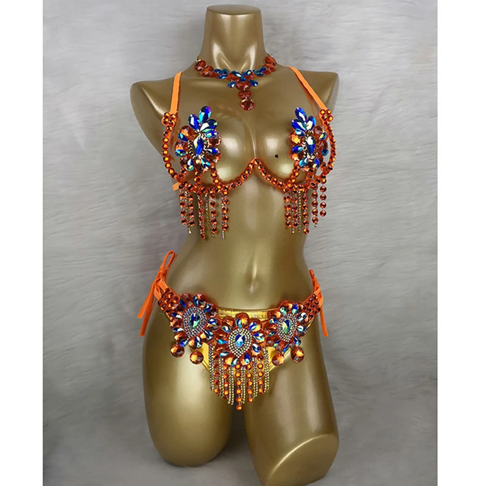 Sexy Women Belly Dance Samba Carnival  outfit  Women Wire Bra & Belt stones Stage show women singer bikini costume