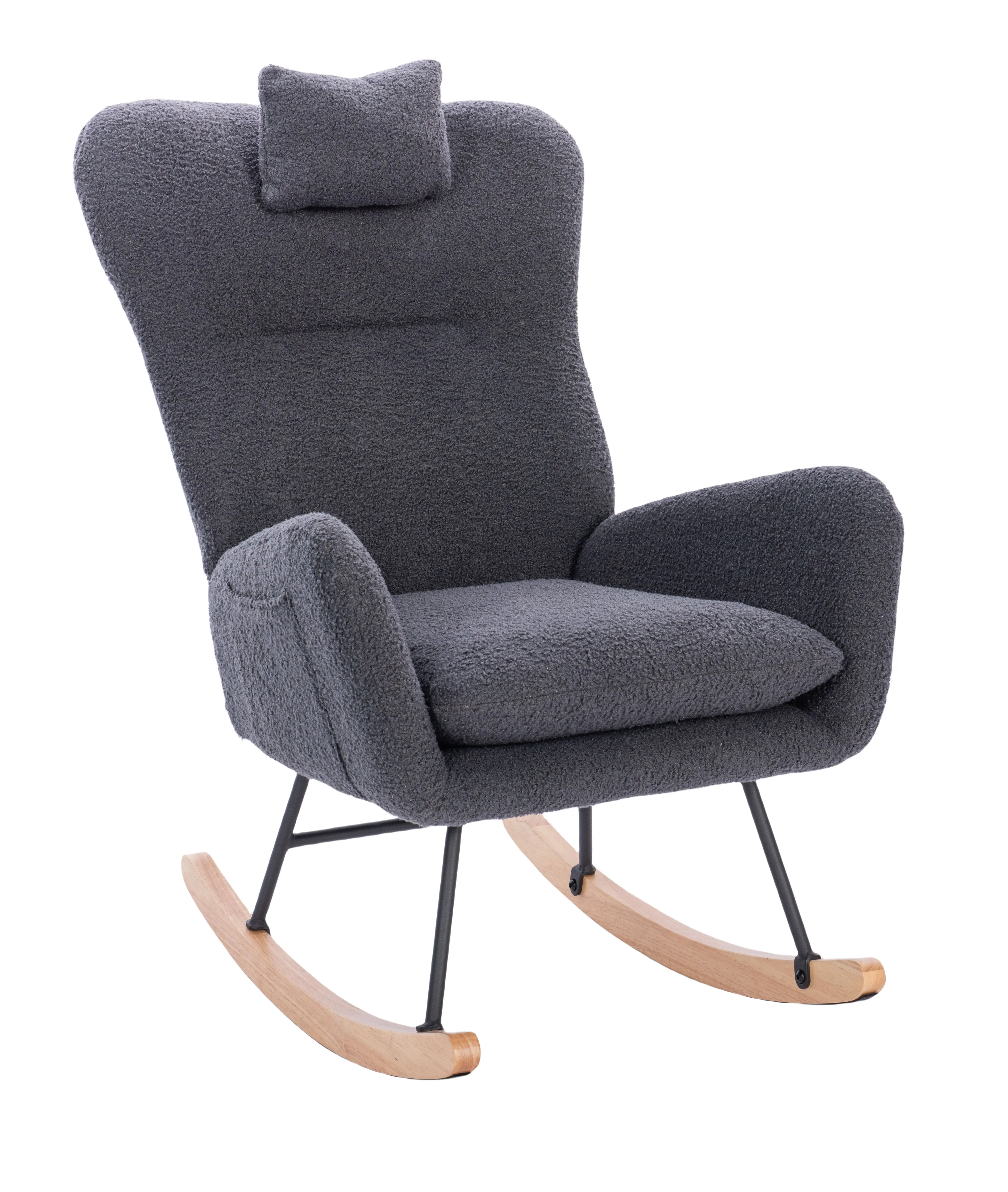 Rocking Chair Nursery, Teddy Armchair with Wood Base, Baby Glider Rocker with Headrest & Side Handy Pocket, GREY
