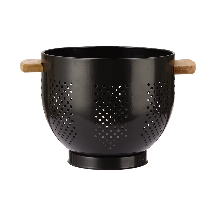 Stainless Steel Colander with Wood Bamboo Handle, 5.5 Quart Powder Coated Steel Large Kitchen Strainer Stable Base,Matte Black