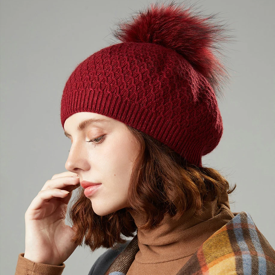 KAZUFUR Women Fashionable Knit Hat Removable Fur Pom Pom Knitted Beret