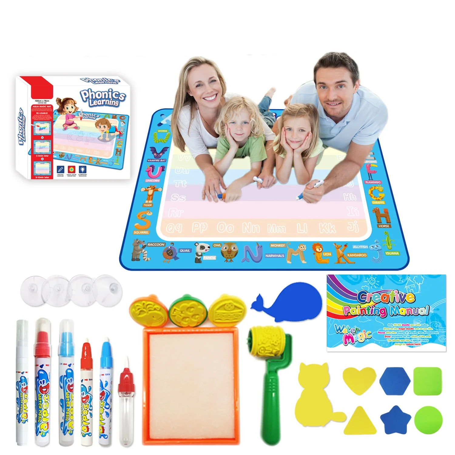 Large 120*80 Educational Water Doodle Mat Kids Magic Water Drawing Blanket Gift for 2-4 Years Box Packed Painting Toy