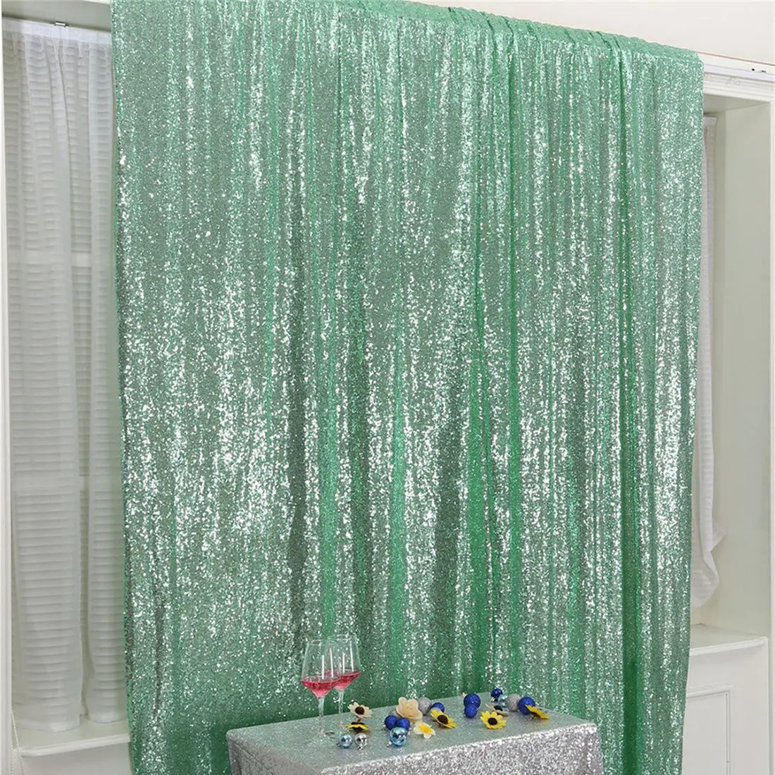 High Quality Marriage Wedding Party Event Decoration Stage Shimmer Drape Mint Green Sequin Backdrop Curtain