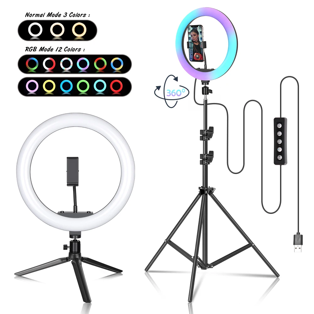 Wholesale price professional multicolor circle portable selfie stick studio phone desktop 12 inch rgb ring light