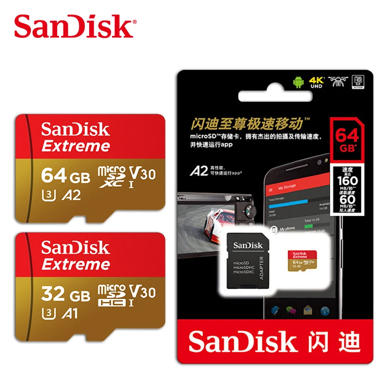 Оптовая продажа двойной флеш-накопитель SanDisk A2 Extreme SD Card 64 Гб V30 100 МБ/с. U3 флэш-памяти TF Mirc0/S/D X C карта поддерживает 4K HD