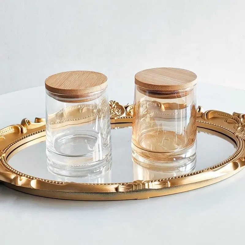 Customization Iridescent 270ml Empty Luxury Glass Candle Jars For Candle Candle Container With Wooden lid