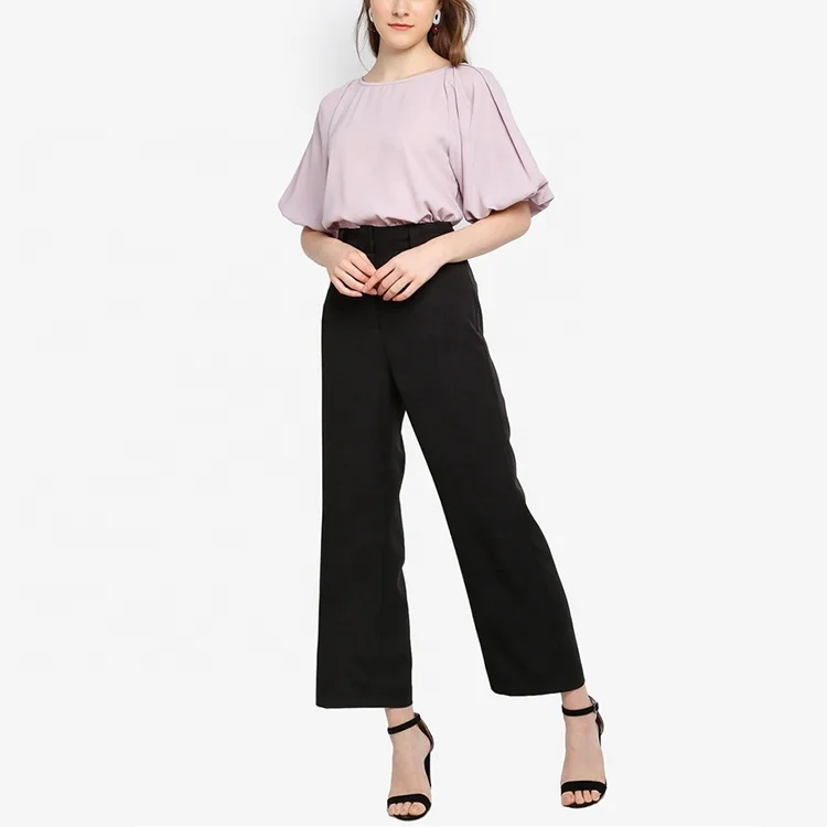 
OEM Latest Fashion Casual Loose Pullover Round Neck Solid tone blouse with pleated sleeves Ladies Top 