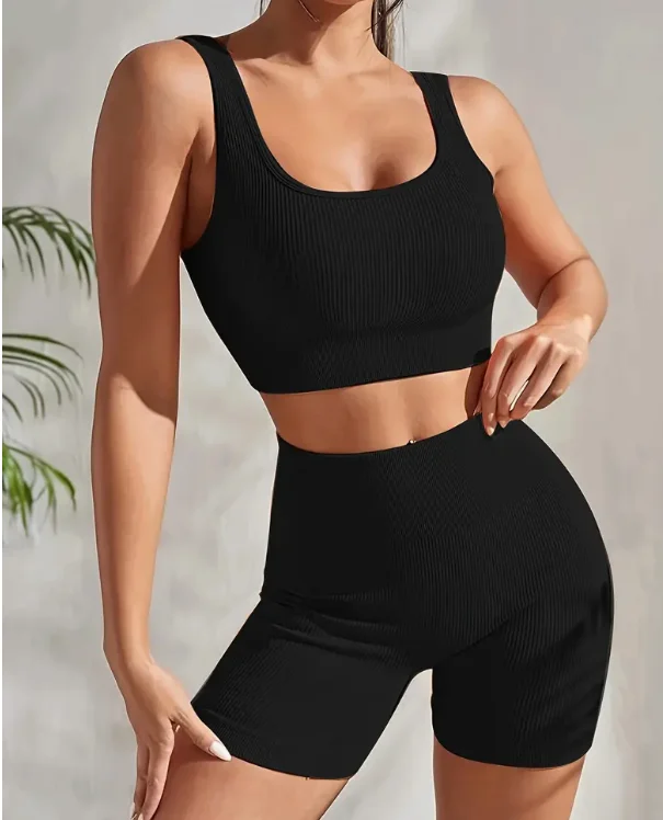 Quick drying round neck crop top solid color rib knit sports set butt high lifting slimming short sporty suit women activewear
