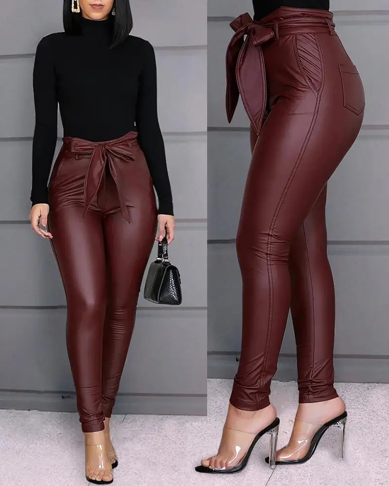 S-3XL Fashion Casual PU Pants Leather Pants Plus Size Solid Color Trousers Leggings Belt Pencil Leather PU Pants (including belt