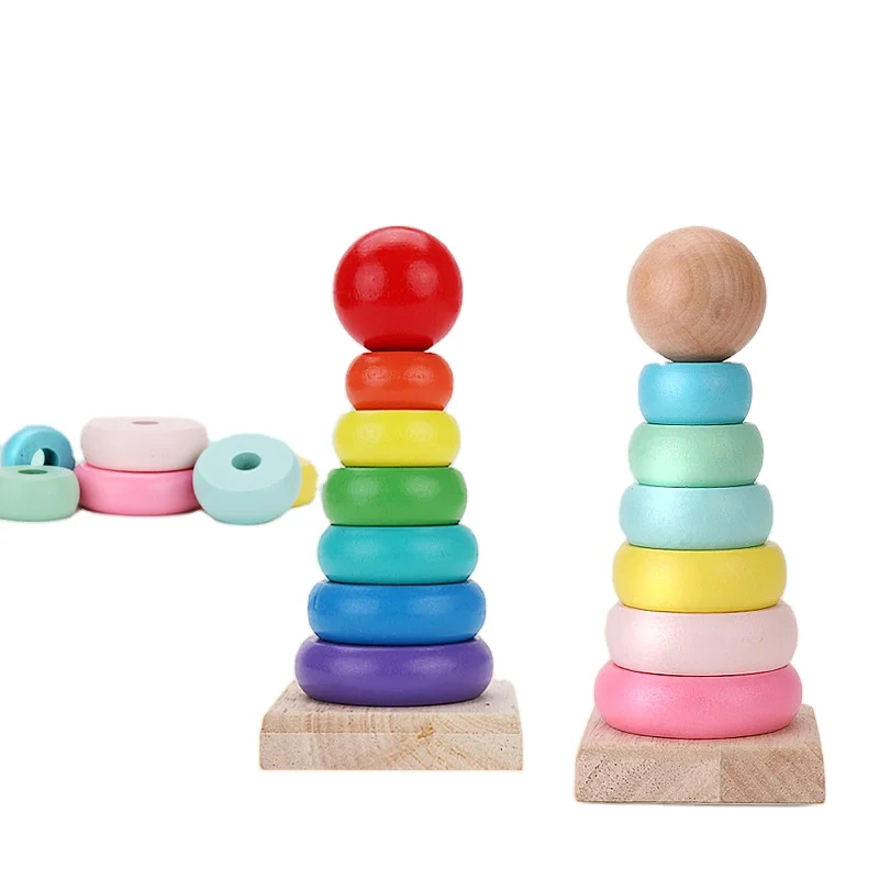Wooden Macaron Rainbow Stacking Ring Tower Game Block Baby Montessori Early Learning Educational Toys Gifts