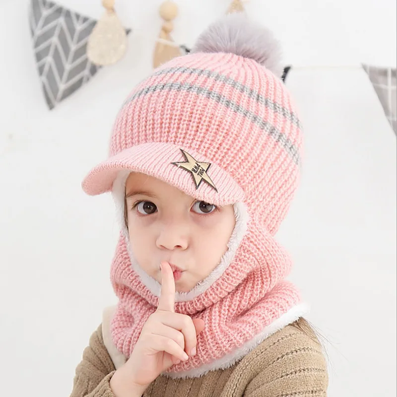 Custom Wholesale Kids Boys Girls Winter Warm Knit Beanie Hat Scarf Fleece Set Pom Pom knitted for children