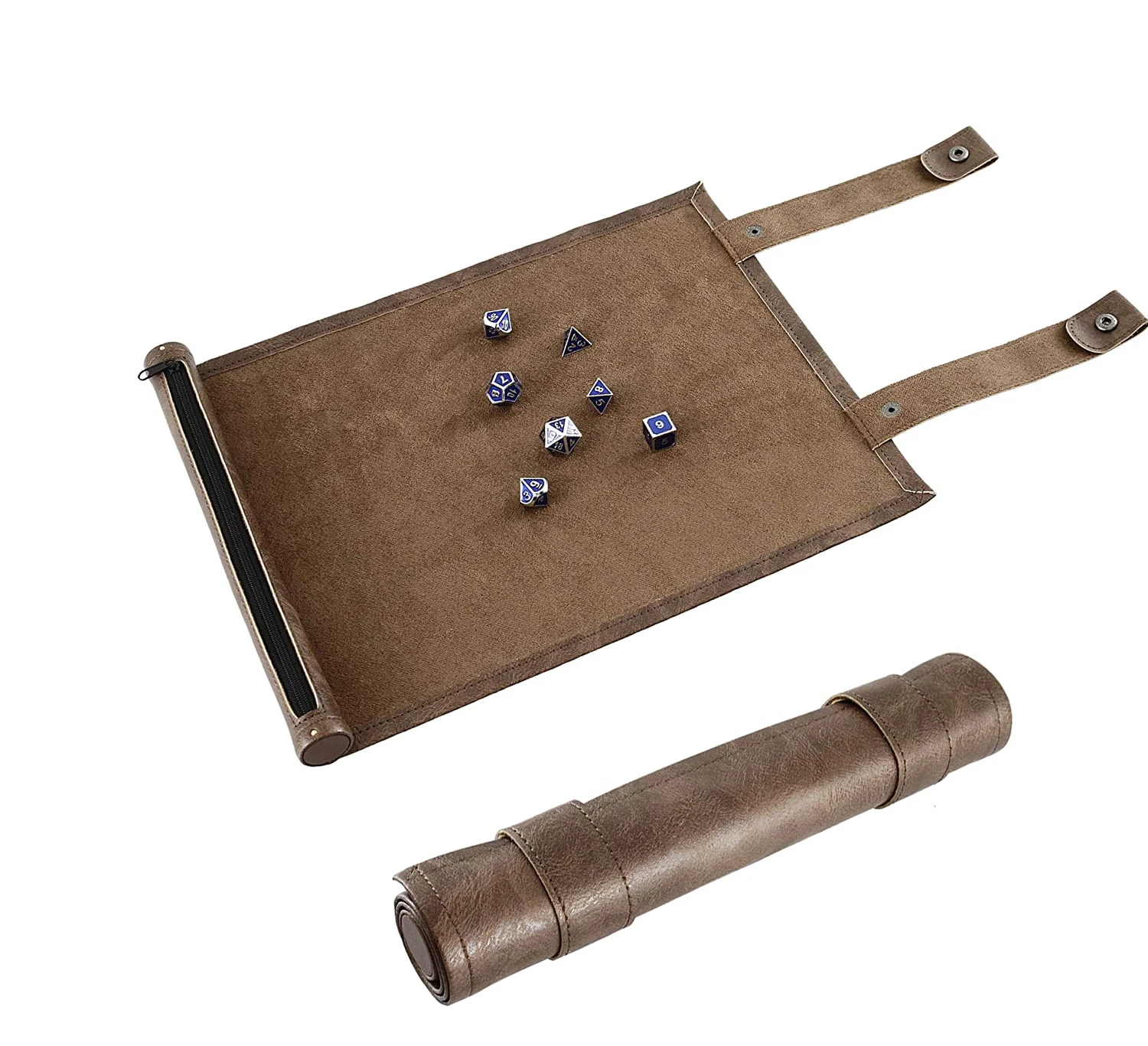 Leather Scroll Dice Tray and Rolling Mat with Zippered Dice Holder Storage Pouch Holds up to 14 Metal or Plastic Dice