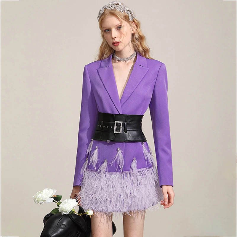 OEM ODM wholesale women slim fit beading feather hem blazer dress with leather belt