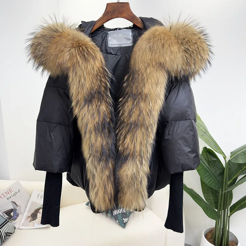 New Fashion Real Raccoon Fur Puffer Down Jacket Lady Winter Bubble Jacket Plus Size Women Goose Down Coat