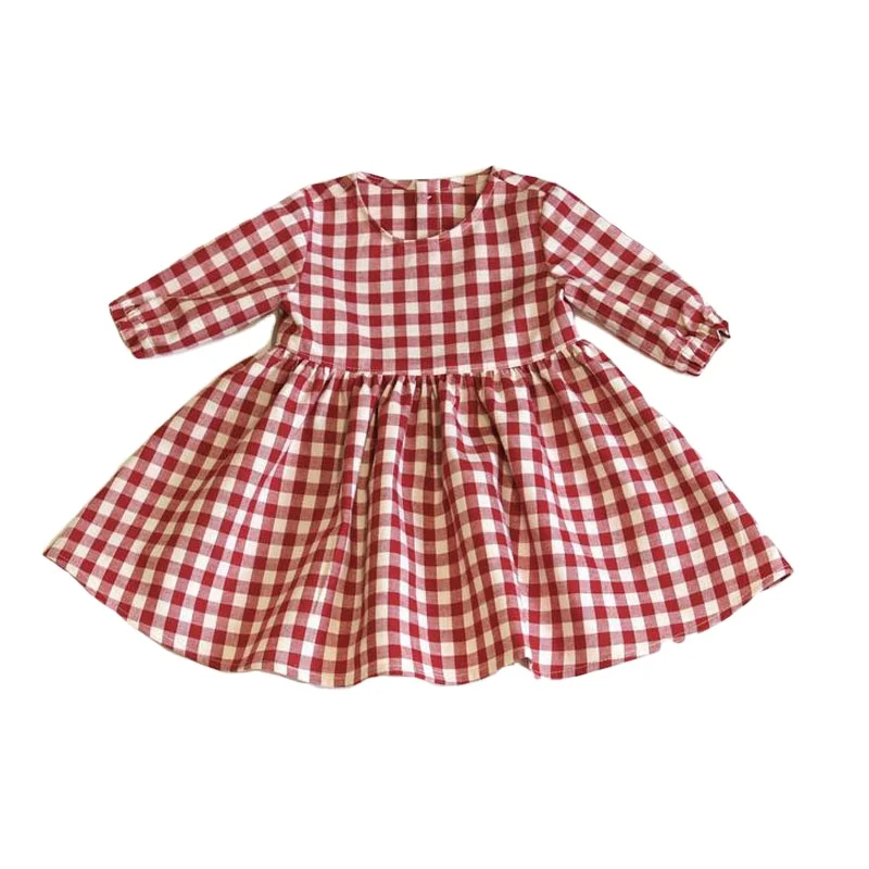 Spring Summer Girls Vintage Long Sleeve Dress Red Gingham Linen Cotton Toddler A line Dress