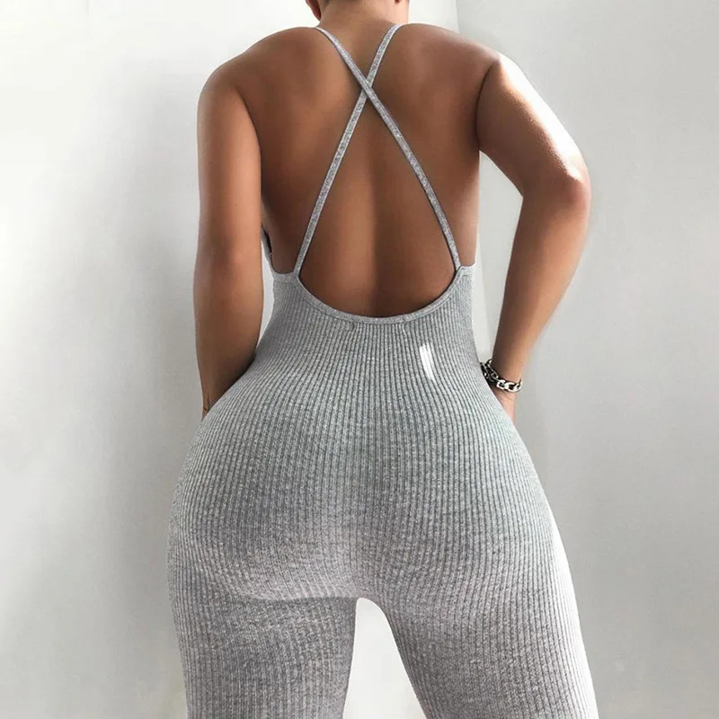 
Wholesale 2021 Activewears Halter Shorts Jumpsuits Strap Ribbed Bodysuits Women Elastic Sport Jumpsuits and Rompers 