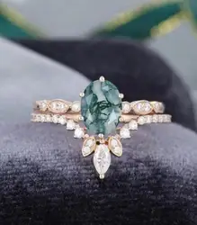 New Arrival Wholesale Beautiful Women Jewelry Oval Moss Agate Ring With Moissanite Engagement Wedding Promise Rings For Gift