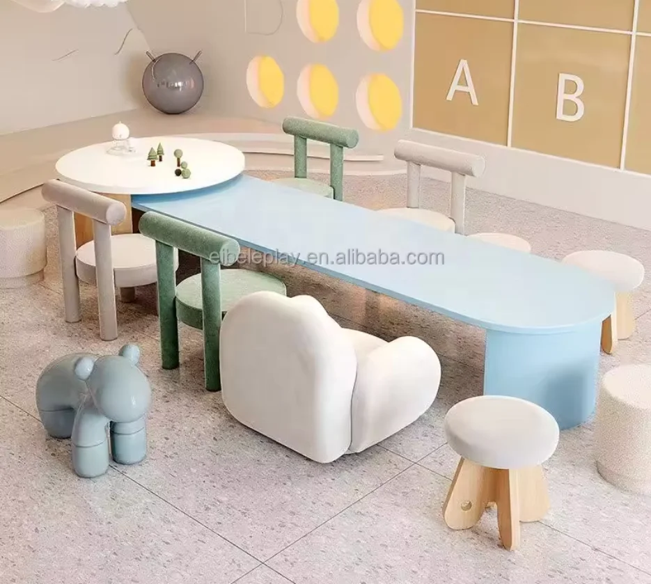 Kindergarten Daycare Library Multi Function Solid Wood Kids Furniture Children Learning Writing Table and Chairs