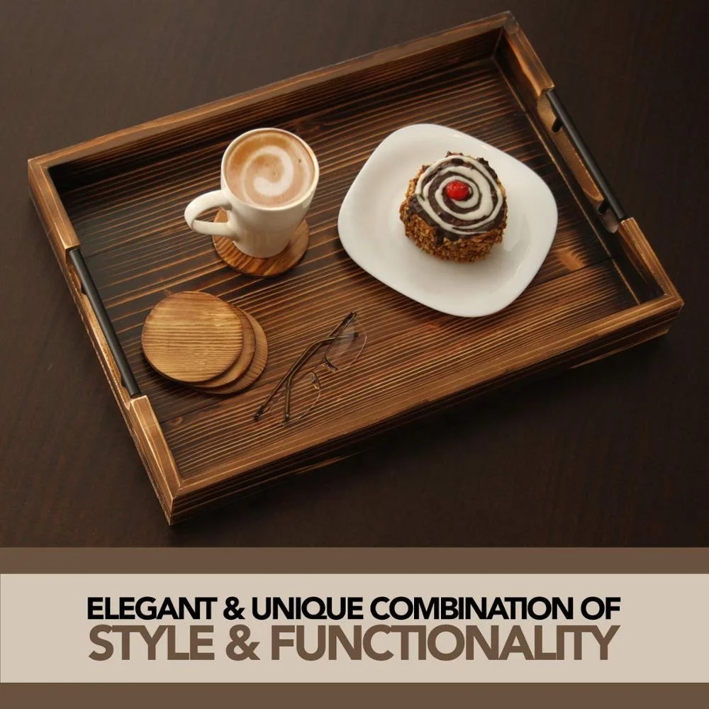 Large Wooden Serving Tray with Metal Handles Includes Set of 4 Coasters This 20x14 Ottoman Tray Known as Coffee Table Tray Decor