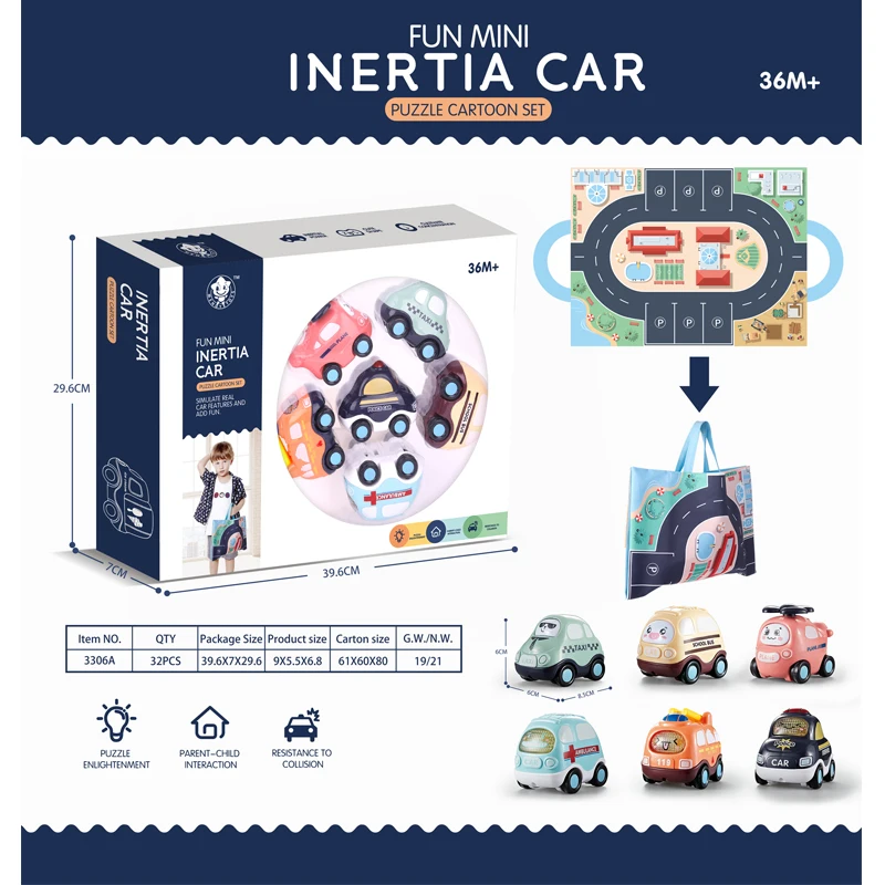 Wholesale 6 Pcs Push and Go Toy Cars Set,Cartoon Inertia Baby Toy Cars with Play Mat (Storage Bag) for Kids