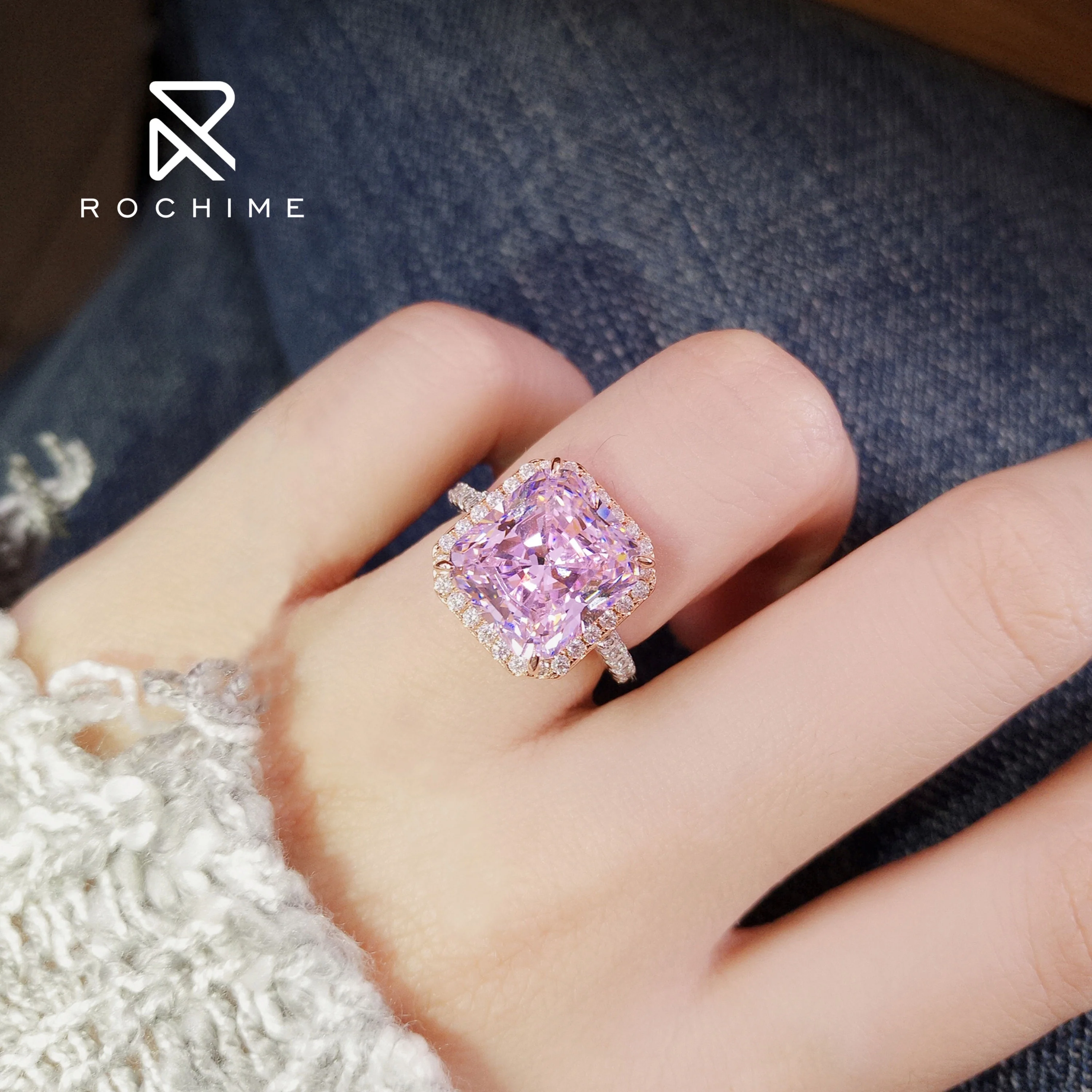 Rochime Luxury 925 silver pink diamonds radiant cut halo rings fine  jewellery vintage women wedding stone ring