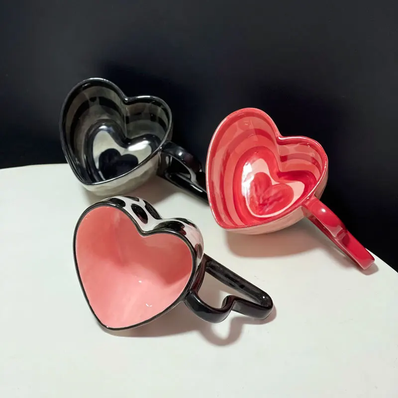 Creative Heart handle Hand-painted striped couple milk cow print Hand pinch heart shape mug ceramic coffee mug