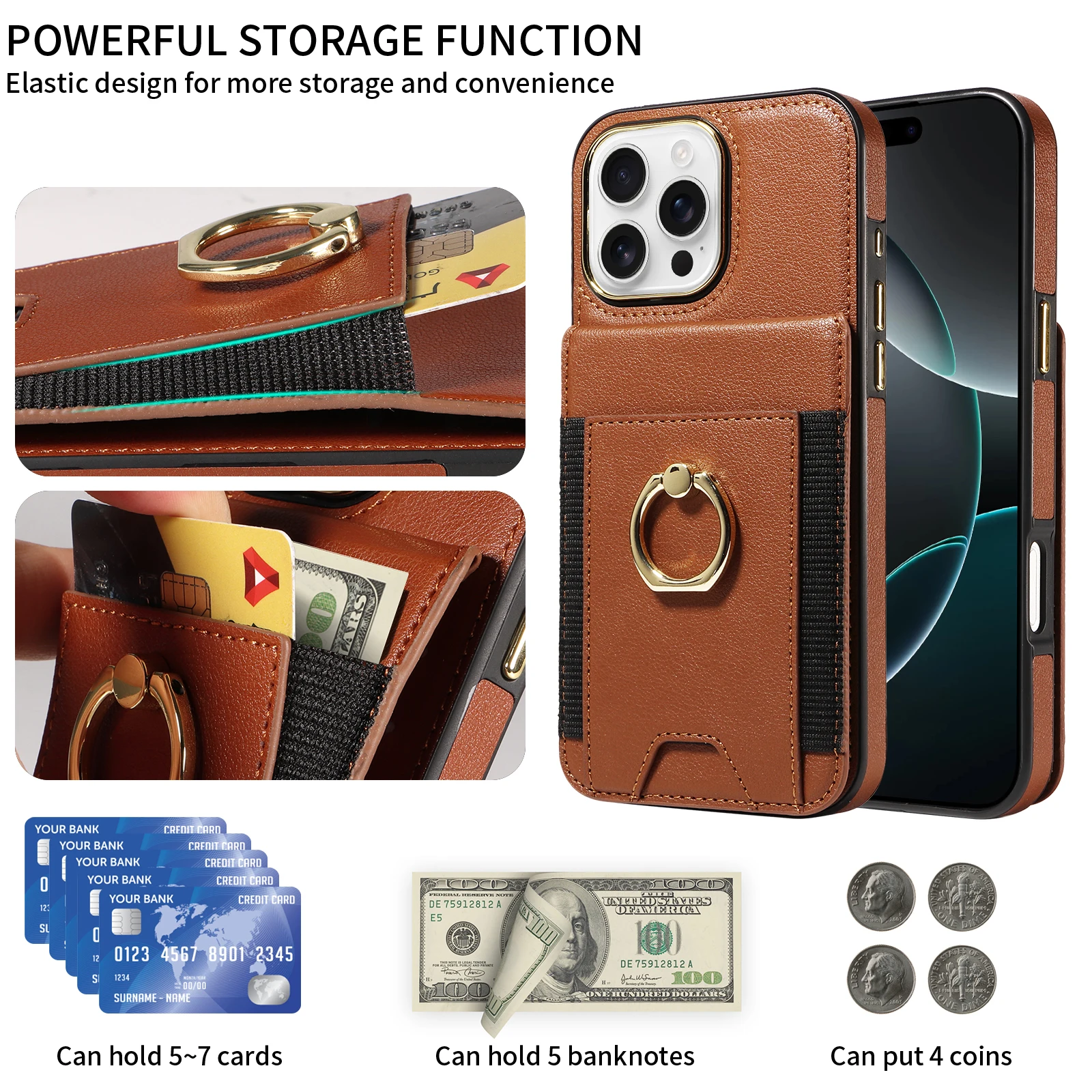 Card Holder Wallet Stand Phone Case for iPhone 15 14 13 Pro Max Back Cover PU Leather Waterproof Case With RFID Card Holder Ring