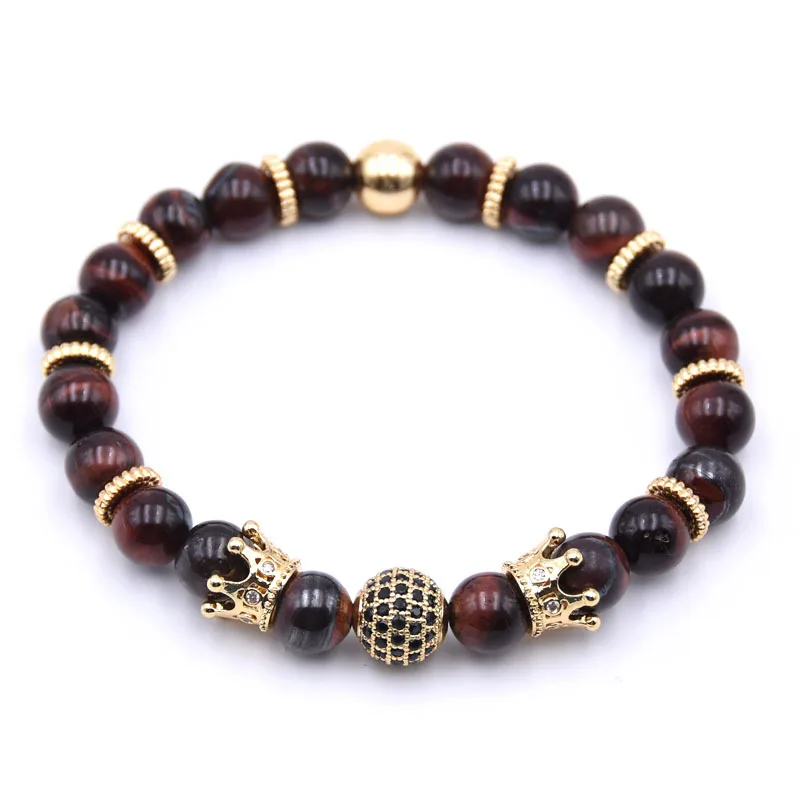 European DIY Custom Handmade Jewelry Elastic Natural Red Tiger Eye Stone Black Zircon Ball CZ Crown Beaded Bracelet