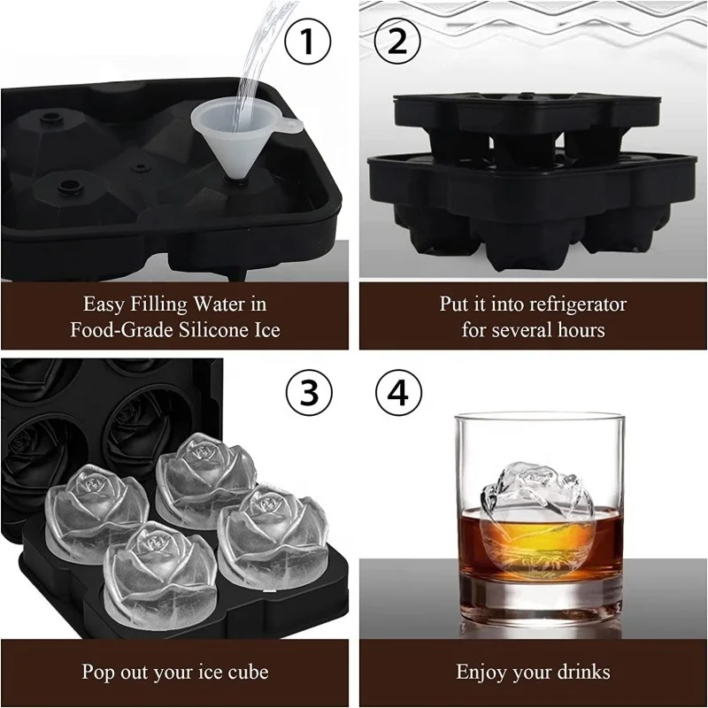 New Arrivals Food Grade 4 Cavities 3d Rose Shape silicone Ice cube Tray Silicone ice Cube tools Mold