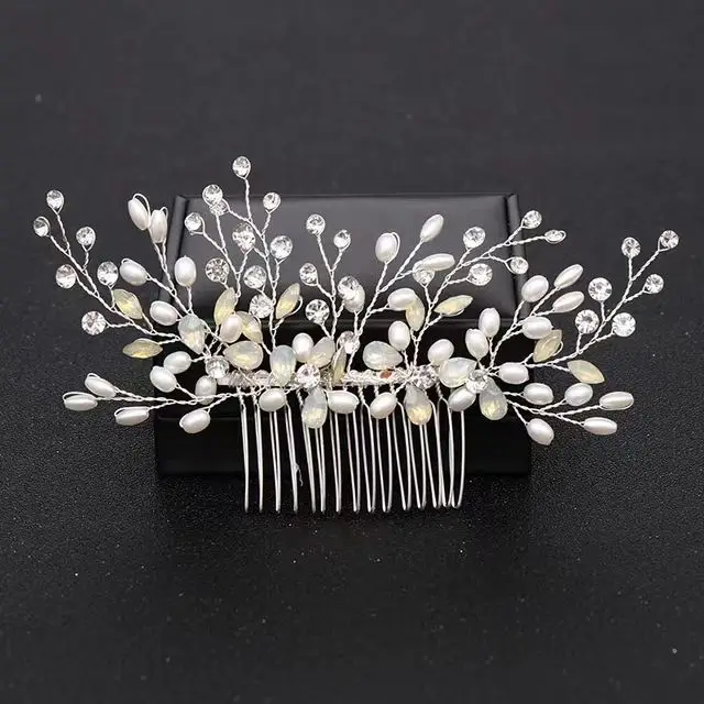 Flower Headwear Bride Hair Accessories Silver Pearl Crystal Wedding Comb