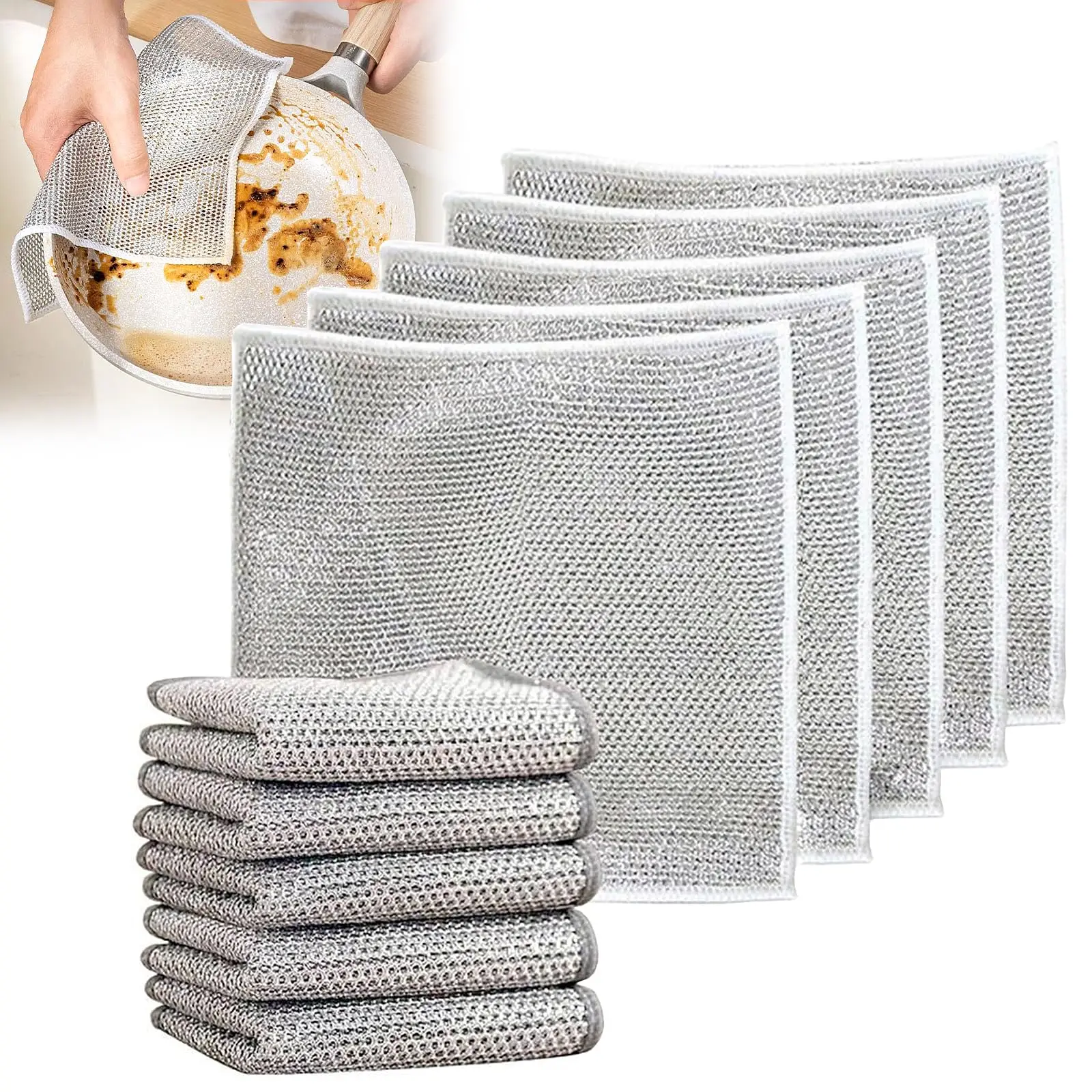 Kitchen Powerful Cleaning Silver Wire Dishwashing Rags Magic Scouring Pads Household Double-Sided Silver Wire Cleaning Cloths