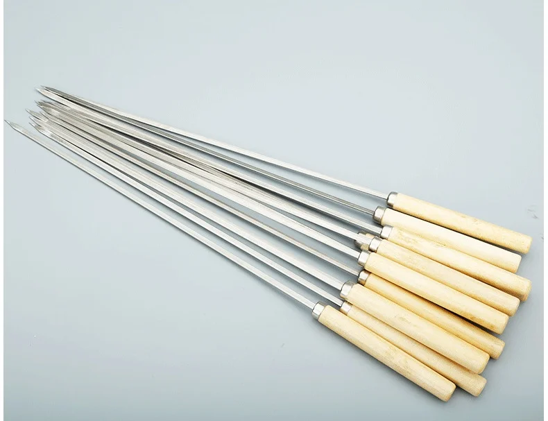 Barbecue Skewers Made of 304 Stainless Steel With Wooden Handles and Flat Skewers For Skewering Meat and Iron