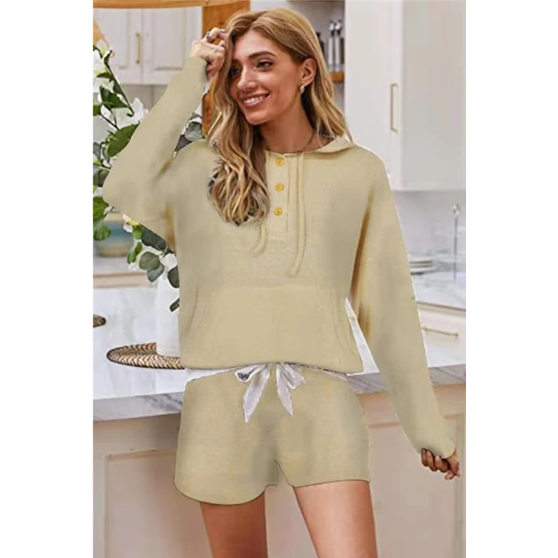 
Long sleeve multicolor hooded drawstring peached sleepwear women pajamas sets shorts and top set 
