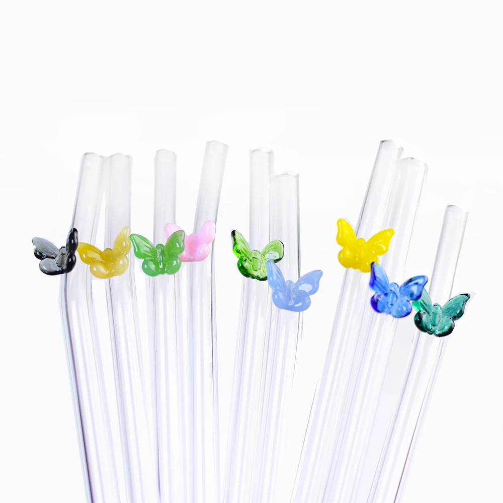 Красочные бабочки стеклянные соломинки экологически чистые и Многоразовые прозрачные изогнутые с шармом