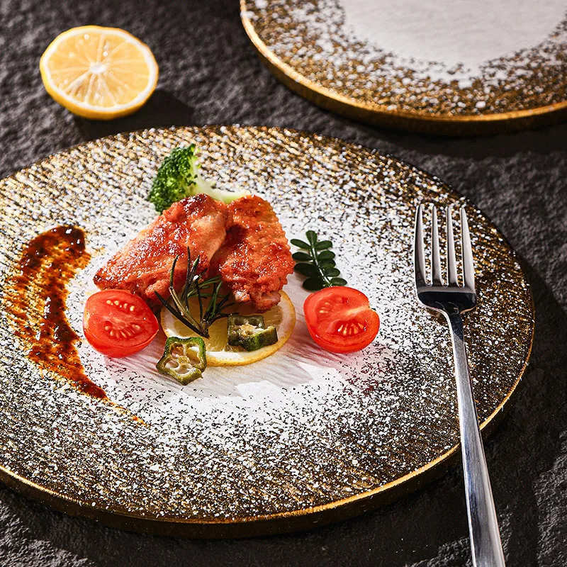 Tableware Dishes Vintage Ceramic Bowl Plate Set Japanese Glaze Dinner Plate Steak gold dishes Plate Wholesale for Hotel