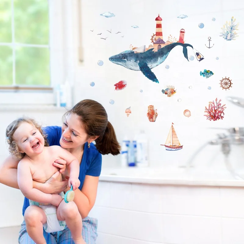 
HM92020 Fairy Tale Childhodd Whale Wall Decal Cartoon Ocean Wall Stickers Kids Bedroom 