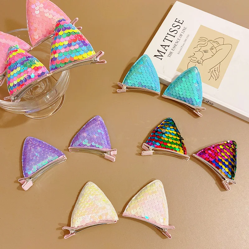 CN 2Pcs Cartoon Cat Ear Hairpins Toddler Girls Sequin Hair Clip Girls Princess Hair Accessories