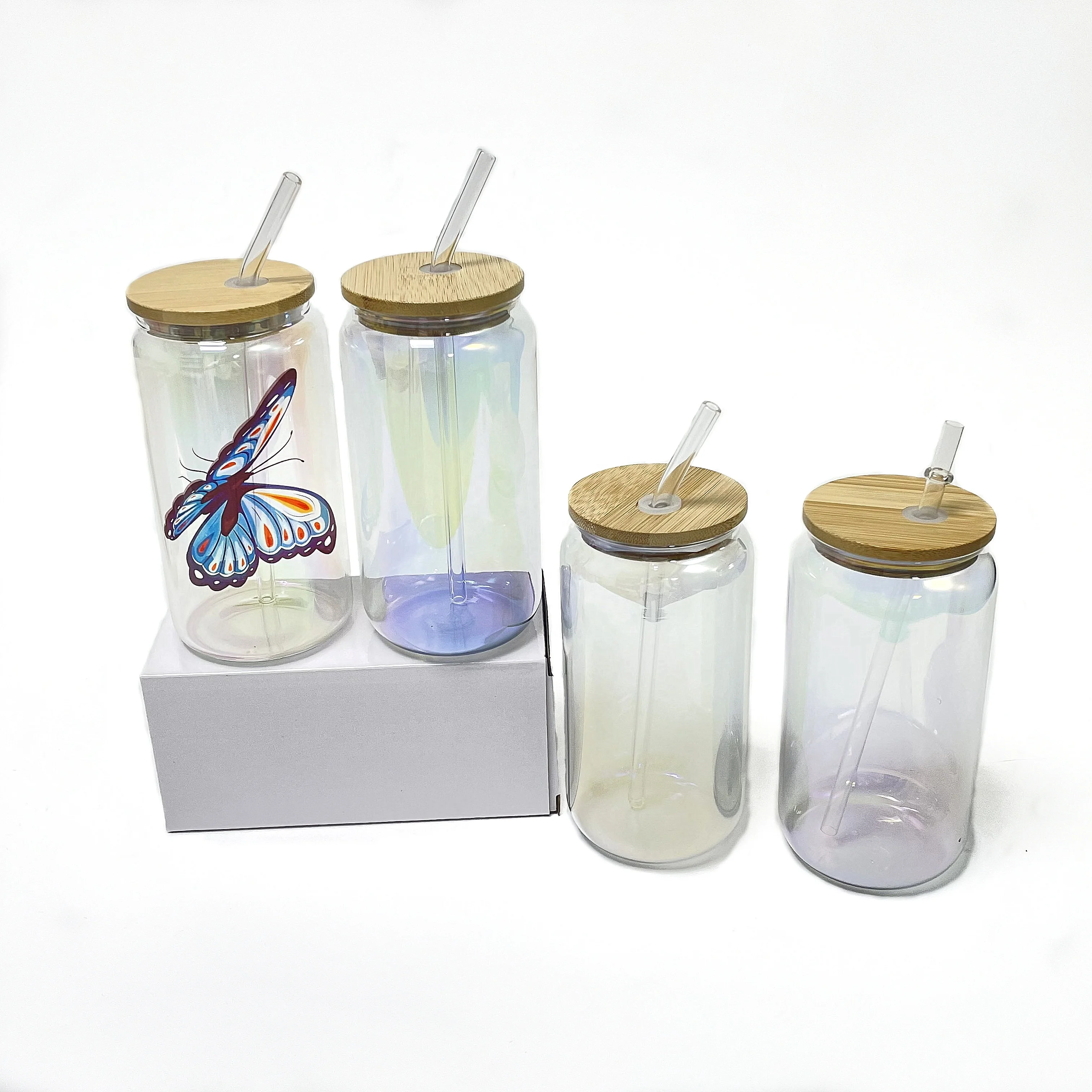 US warehouse crystal clear 12oz 16oz electroplated holographic sublimation iridescent glass can with bamboo lid for hot printing