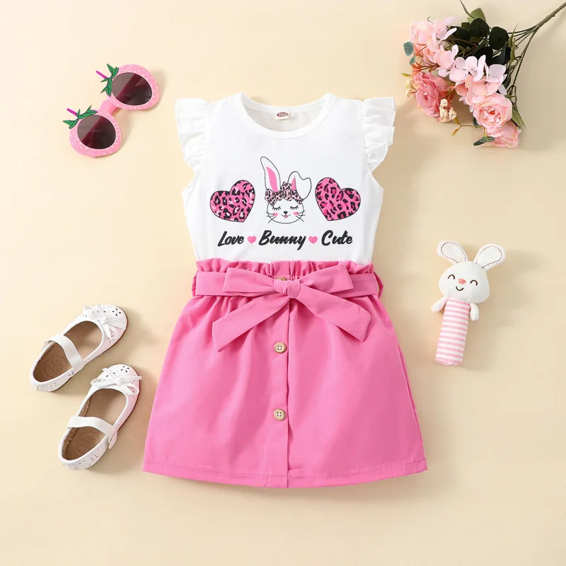 2023Amazon Ebay explosive Easter love rabbit flying sleeve middle children girls skirt suit pink summer everything