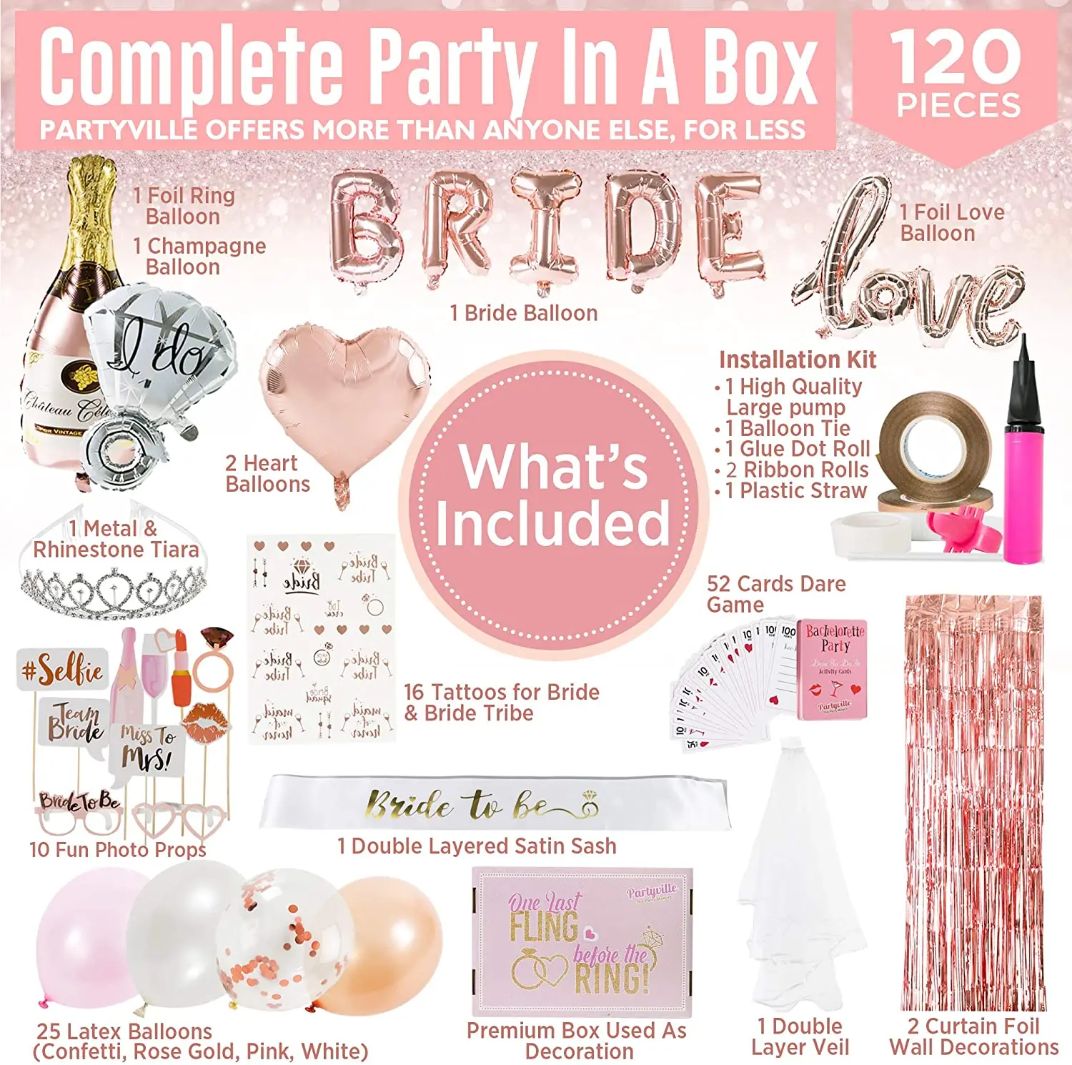  120pcs Bridal Shower Decorations Bride to Be Sash Balloons Veil Tiara Naughty Bachelorette