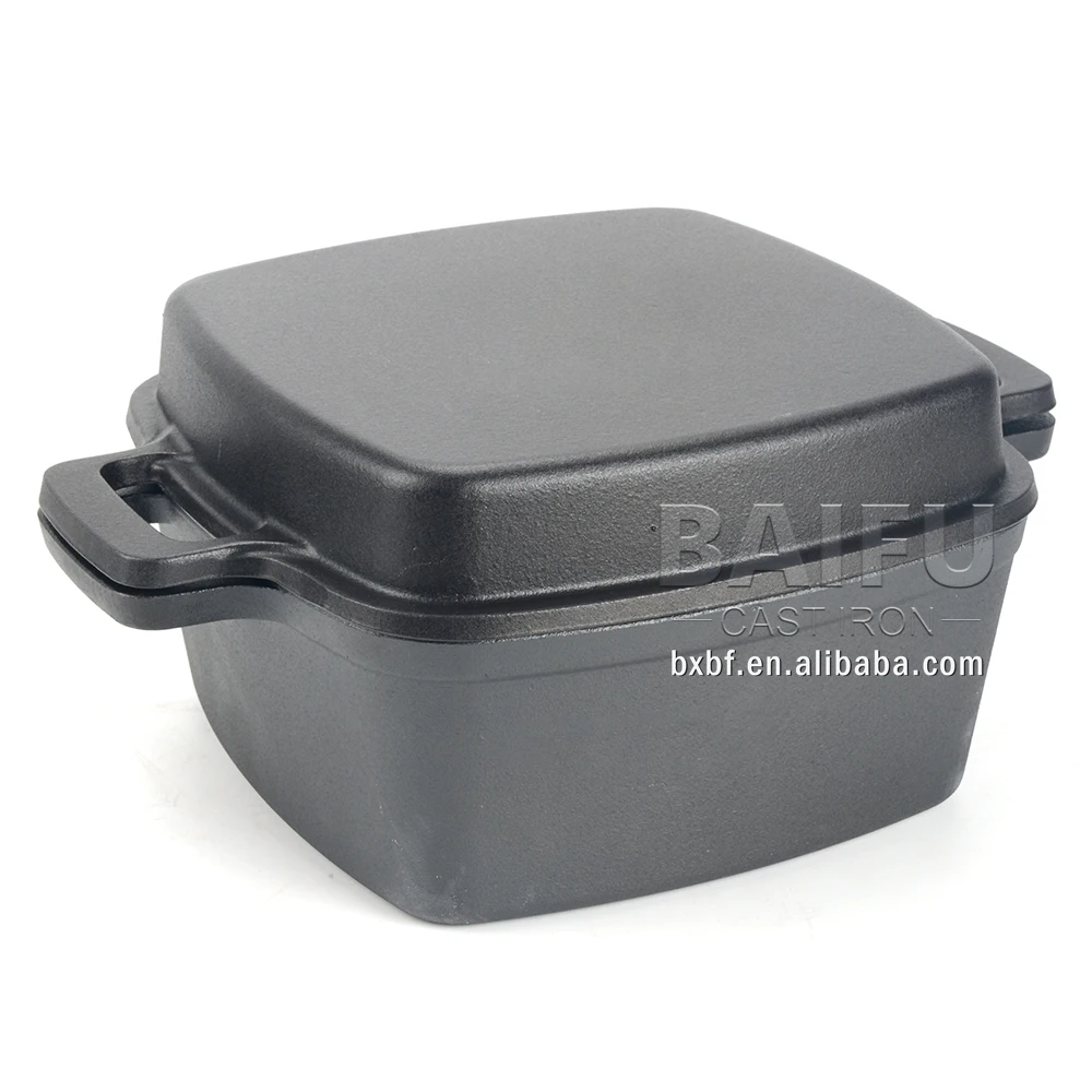 Pre seasoned or enameled with lid used as frying pan 2 in 1 combo cooker square cast iron double dutch oven