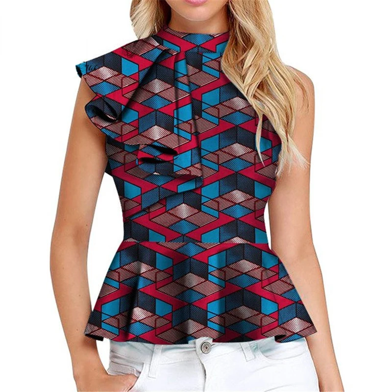 
Amazon supplier Wholesale New design elegant fashion Lady Ruffled Sleeve Tank Top women printing Sexy O neck blouse 