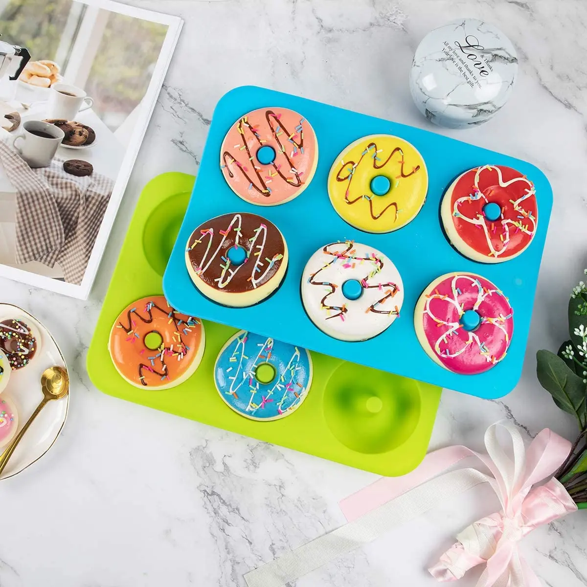 2-Pack Silicone Donut Baking Pan of 100% Nonstick 6-Cavity Doughnut Makes Perfect 3 Inch