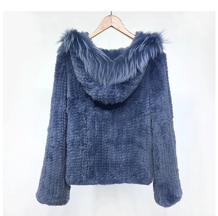 YR1162 Wholesale Knitted Fur Jacket High Quality Rex Rabbit Fur Coat with Racoon Fur Trimming