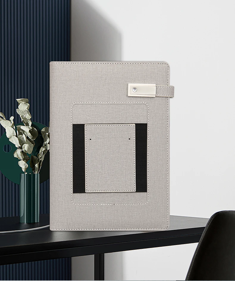 2023 New Design Custom LED Light Logo A5 PU Leather Agenda 8000mah Wireless Charger Power Bank Diary Notebook With USB